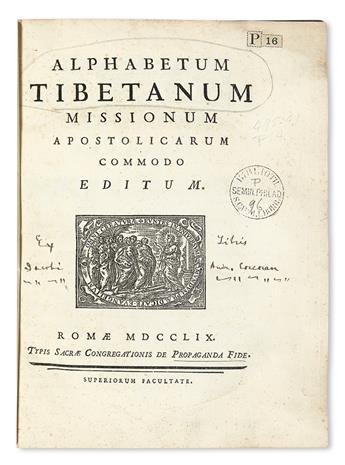 GRAMMARS, DICTIONARIES, etc.  GIORGI, ANTONIO AGOSTINO. Alphabetum Tibetanum. 1759 [i. e., 1763]